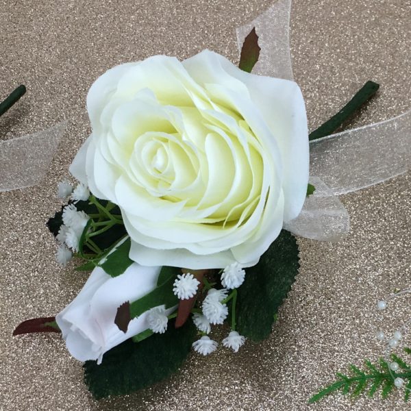 Ivory Rose Silk Orchid Corsage Crystal Diamante Buttonhole Wedding Flower 