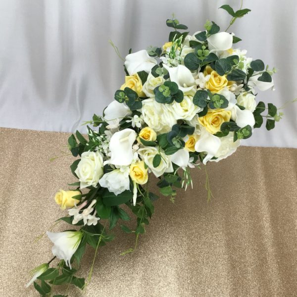 artificial silk flower brides bouquet, teardrop shower design yellow/ white / ivory inc roses, calla lily, stephanotis, eucalyptus & ruscus