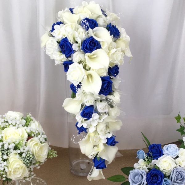 artificial silk & foam wedding bouquet, shower teardrop design, blue/ ivory. calla lilies, roses, hydrangea, rosebuds