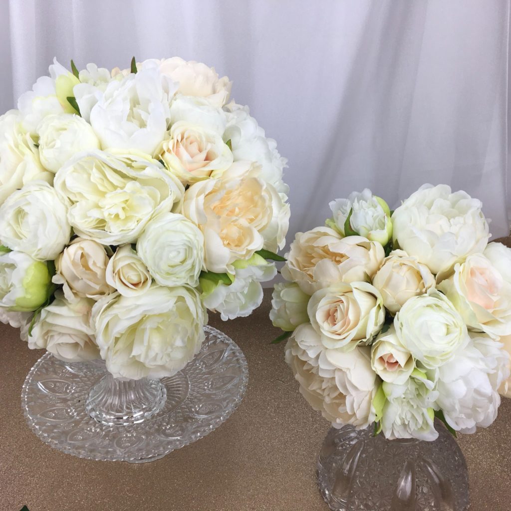 artificial silk flower brides bouquet soft muted colours, ivory, peach , pale pink, white posy style hand tied bouquet inc roses peony compact design