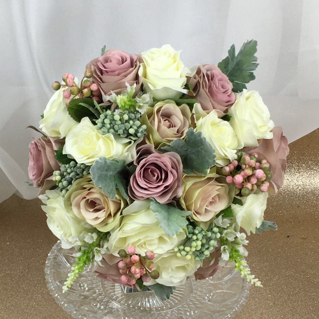 artificial silk flower brides bouquet. hand tie3d posy style pink, antique mauve, , greys, greens. incs roses, mixture of berries, lambs ear & catmint