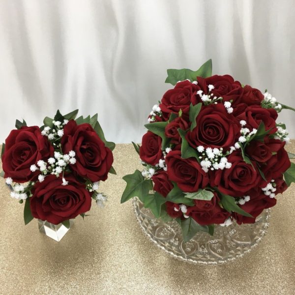 artificial silk flower brides bouquet hand tied posy style inc velvet rich red roses, gypsophila, & ivy