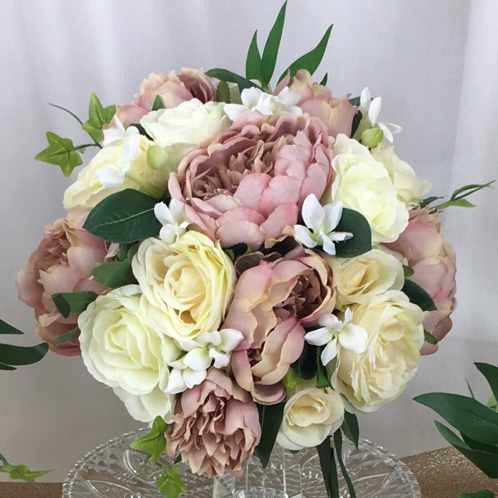 artificial wedding bouquet, hand tied, posy style. dusky pink, ivory, green. roses, peony, stephanotis, ruscus