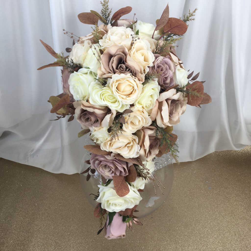 artificial silk flower brides bouquet, teardrop shower style. brown, mink, nude ,mauve, ivory, inc roses, eucalyptus