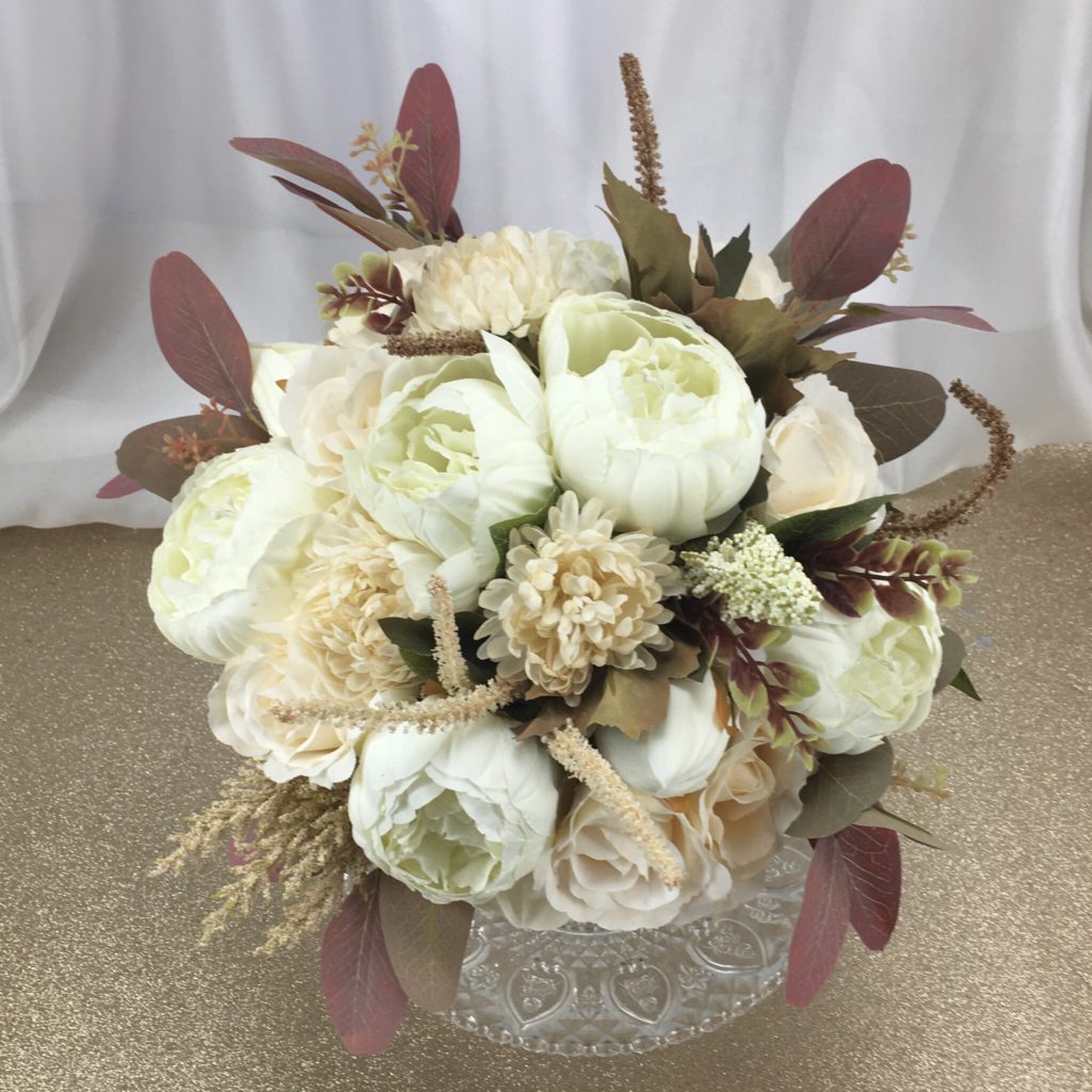 artificial silk flower bridal bouquet, hand tied posy style natural brown, mink, nude, ivory, vanilla inc roses, gold eucalyptus,