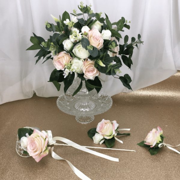 artificial silk flower bridal bouquet. hand tied open loose style. blush, ivory, pink. inc roses, peony, blossom, veronica, eucalyptus, ruscus, , ficus