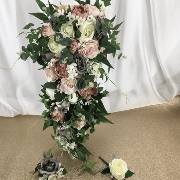 artificial wedding bouquet, shower teardrop. pink, nude, dusky pink, ivory. ruscus, eucalyptus, roses, stephanotis, blossom, peonies