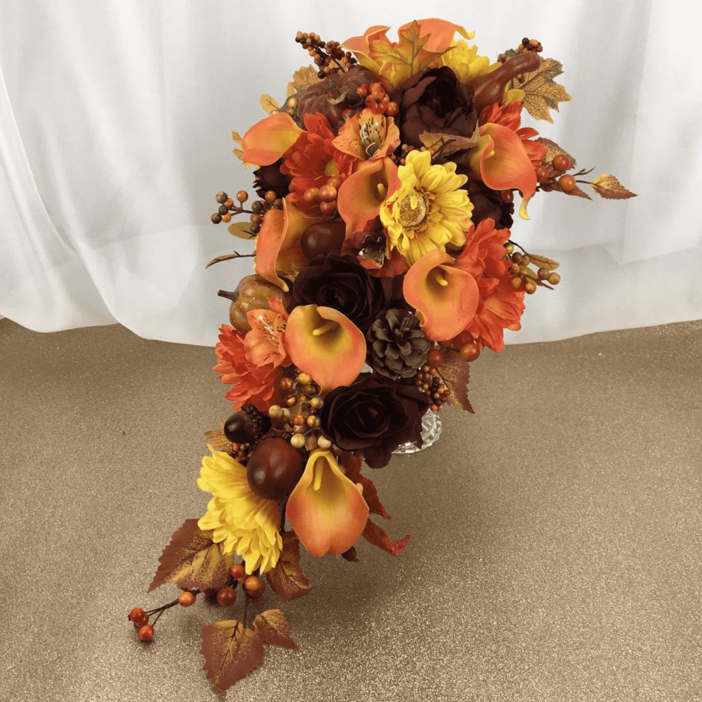 artificial silk autumnal teardrop bridal bouquet, colourful, seasonal, inc calla lily, daisy, pumpkins, gourds, berries, roses & autumn leaves