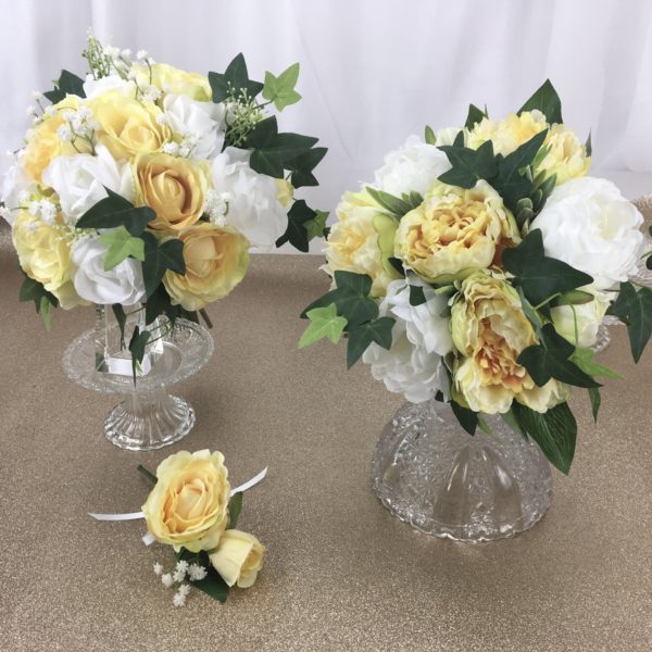 artificial silk flower br5ides bouquet, hand tied posy style, pale yellow, ivory, white green. available in most colours. inc peony or roses & ivy