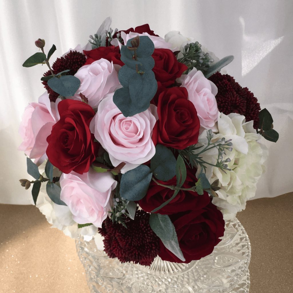 artificial silkm flower brides bouquet round posy style inc roses, peony, astilbe & eucalyptus
