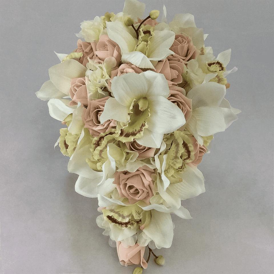 artificial silk flower brides bouquet teardrop style. ivory, pink, peach available in most colours. inc foam roses, cymbidium orchids, & hydrangea