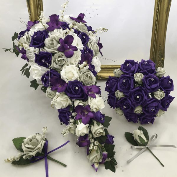 artificial foam rose brides bouquet, long teardrop style purple, ivory green. colourfast foam rose, calla lily dendrobium orchid available in most colours.