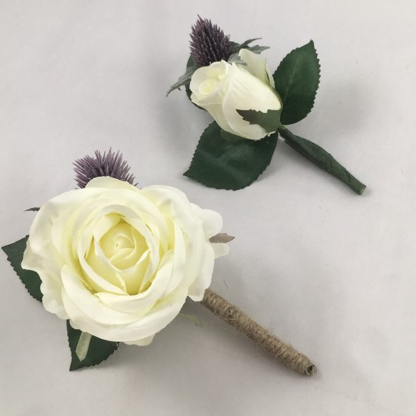 Back by Popular Demand Artificial Triple Thistle & Red Rose Wedding Buttonhole 