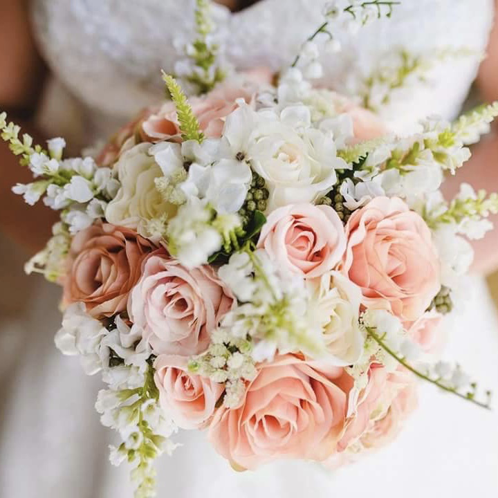 artificial silk flower bridal bouquet. hand tied posy style ivory, apricot, peach, blush, green. inc roses, gypsophila, lily of the valley, physostegia & blossom