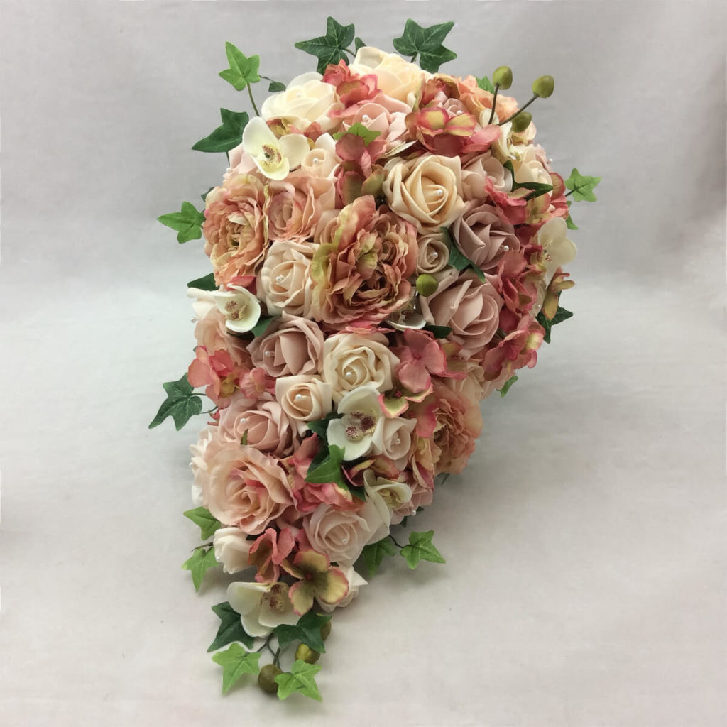 artificial silk & foam flower brides teardrop bouquet, compact design inc peony, roses, orchids, hydrangea, and ivy