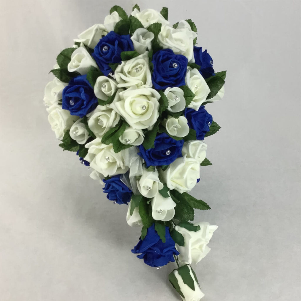 artificial flower brides bouquet. blue, ivory, white, green. teardrop style colourfast foam roses