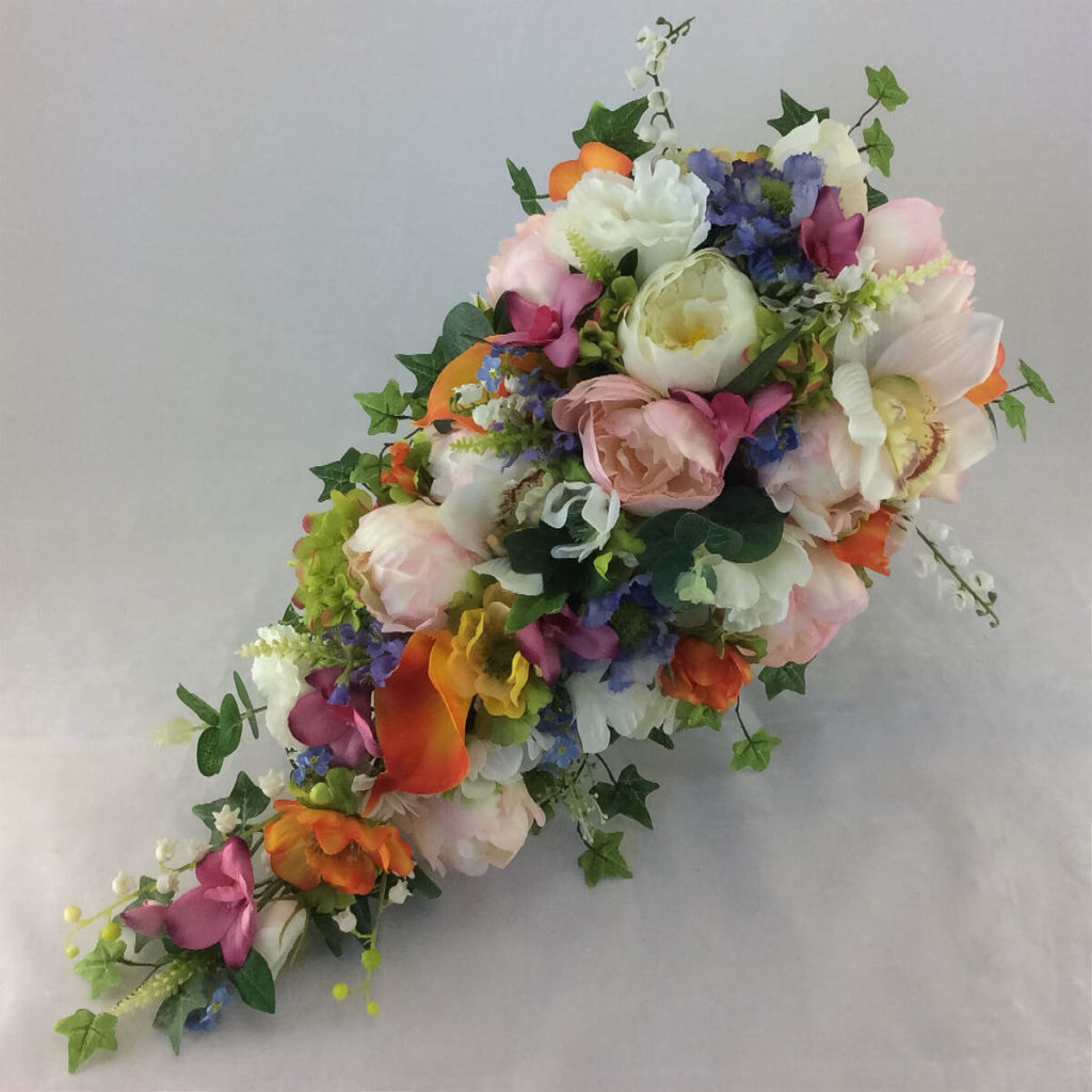 artoficial silk bridal bouquet, teardrop brides bouquet pink, ivory, orange, purple, orange lime & green. inc roses, peony, alstromeria, berries, eucalyptus & cosmos