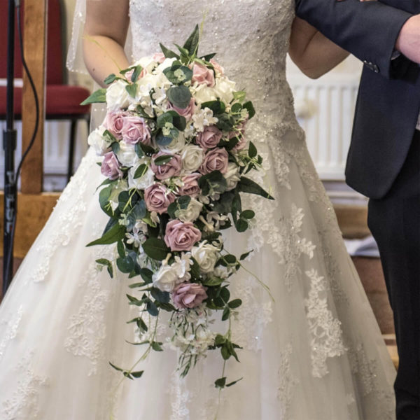 artificial foam wedding bouquet, shower cascading teardrop design pink/ivory/white, soft italian ruscus, roses, stephanotis, eucalyptus, blossom