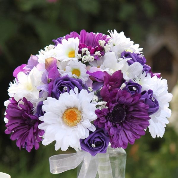 artificial silk flower brides bouquet , purple, white, ivory, lilac. hand tied posy style . inc gerbera, colourfast foam roses, daisy & gypsophila