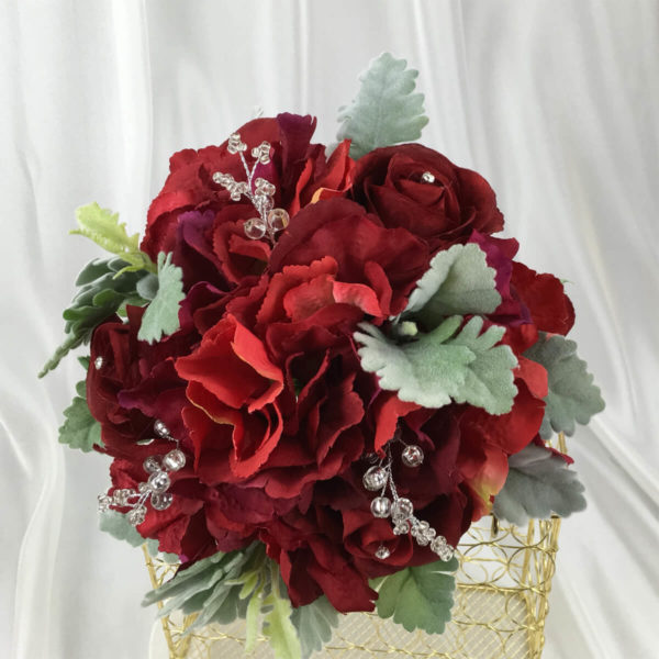 artificial silk flower brides bouquet reds, green, available in most colours. hand tied posy style with embellishments. inc roses, hydrangea, & dusty miller