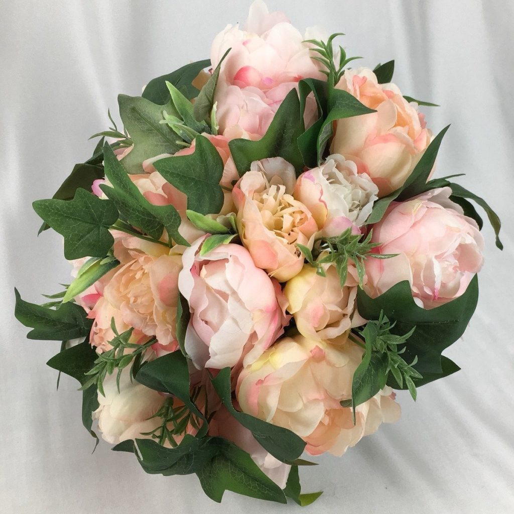 artificial silk flower brides bouquet, hand tied compact posy style. ivory, apricot, peach, coral, green. inc peony & ivy