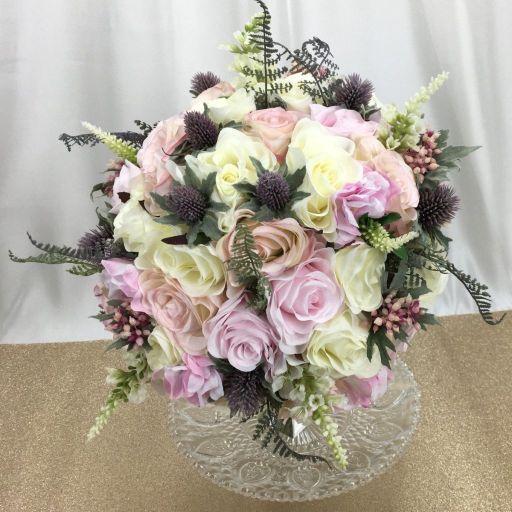 artificial silk flower brides bouquet. hand tied posy style. pinks, blues, ivory , blush. inc fern, roses, thistles, berry & physostegia