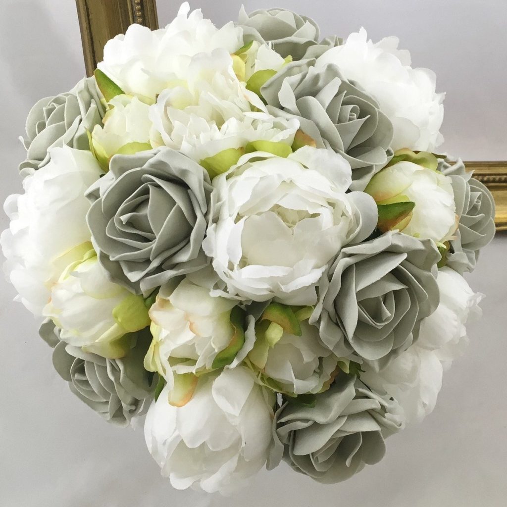 artificial silk and foam brides bouquet, hand tied posy style grey, silver, ivory white, available in most colours. inc peony & colourfast foam roses