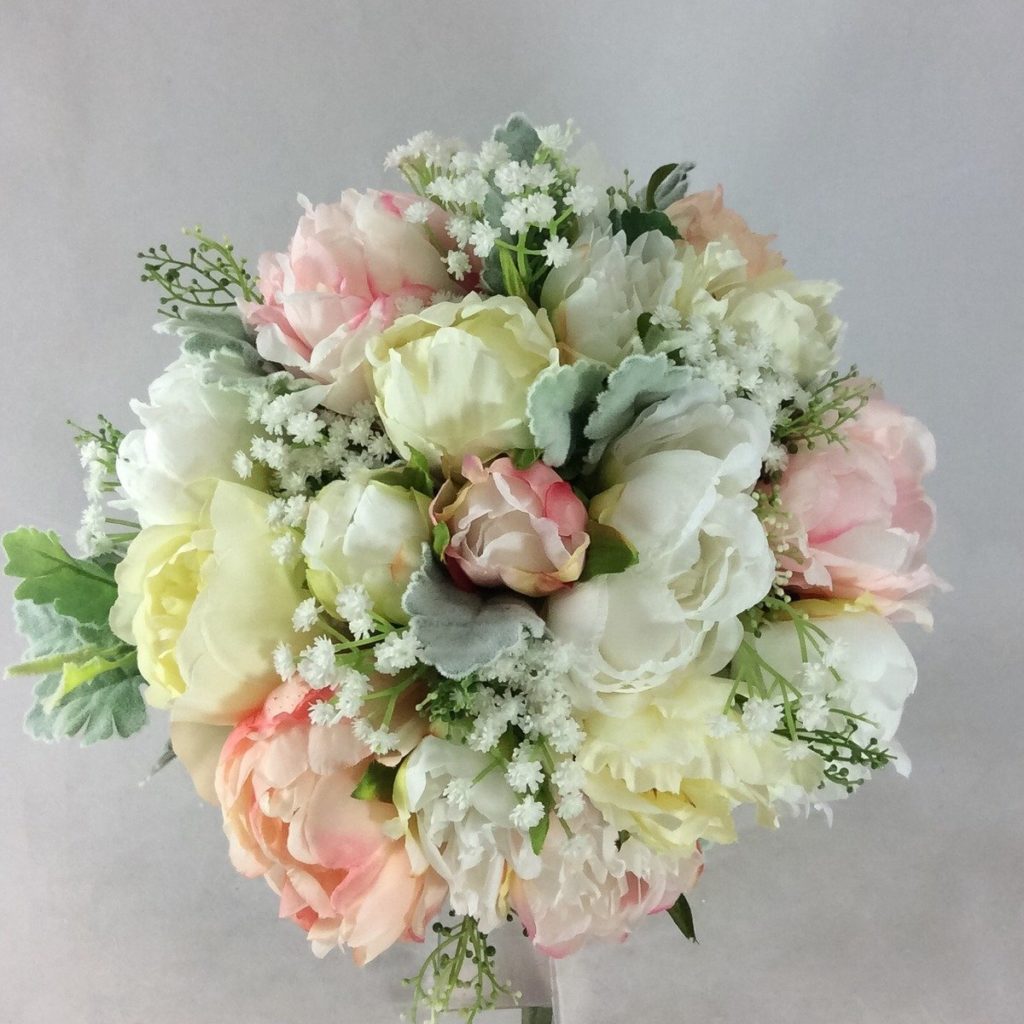 artificial silk flower bridal bouquet hand tied posy style compact design inc delicate peon y, gypsophila, senecio / dusty miller