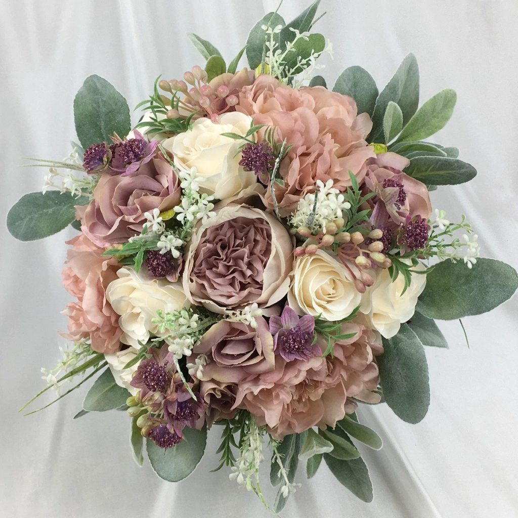 artificial silk flower hand tied posy style brides bouquet, lavender, lilac, mauves, ivory, pale pink, greys, green. inc roses, peony, garden rose,, thyme, astrantia & lambs ear