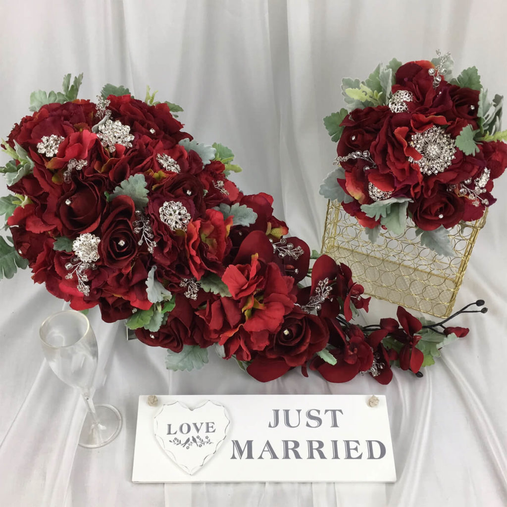 large artificial silk flower brides bouquet, teardrop shower style. reds, greens available in most colours, inc roses, hydrangea, dusty miller & embellishment