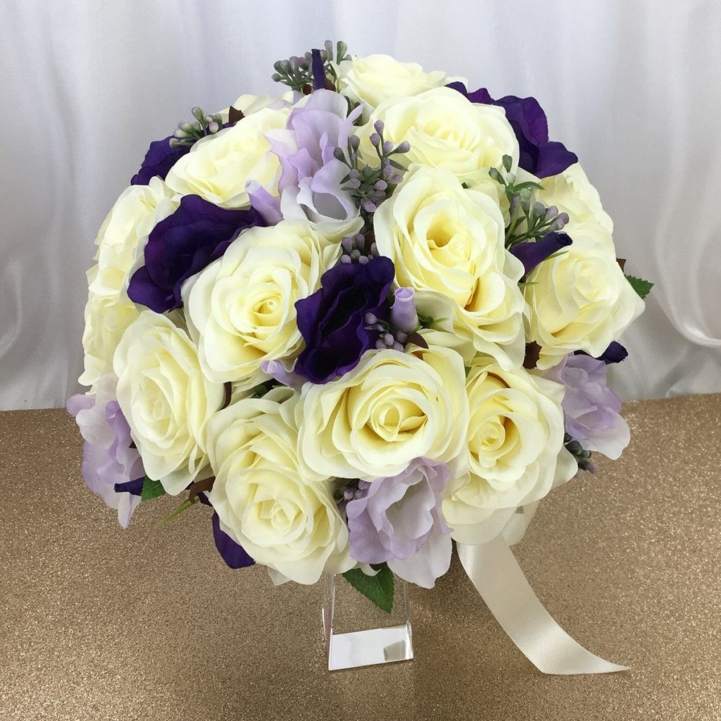 artificial silk flower bridal bouquet, hand tied compact posy style. lilac. purple, ivory available in most colours. inc roses, lissianthus & berry