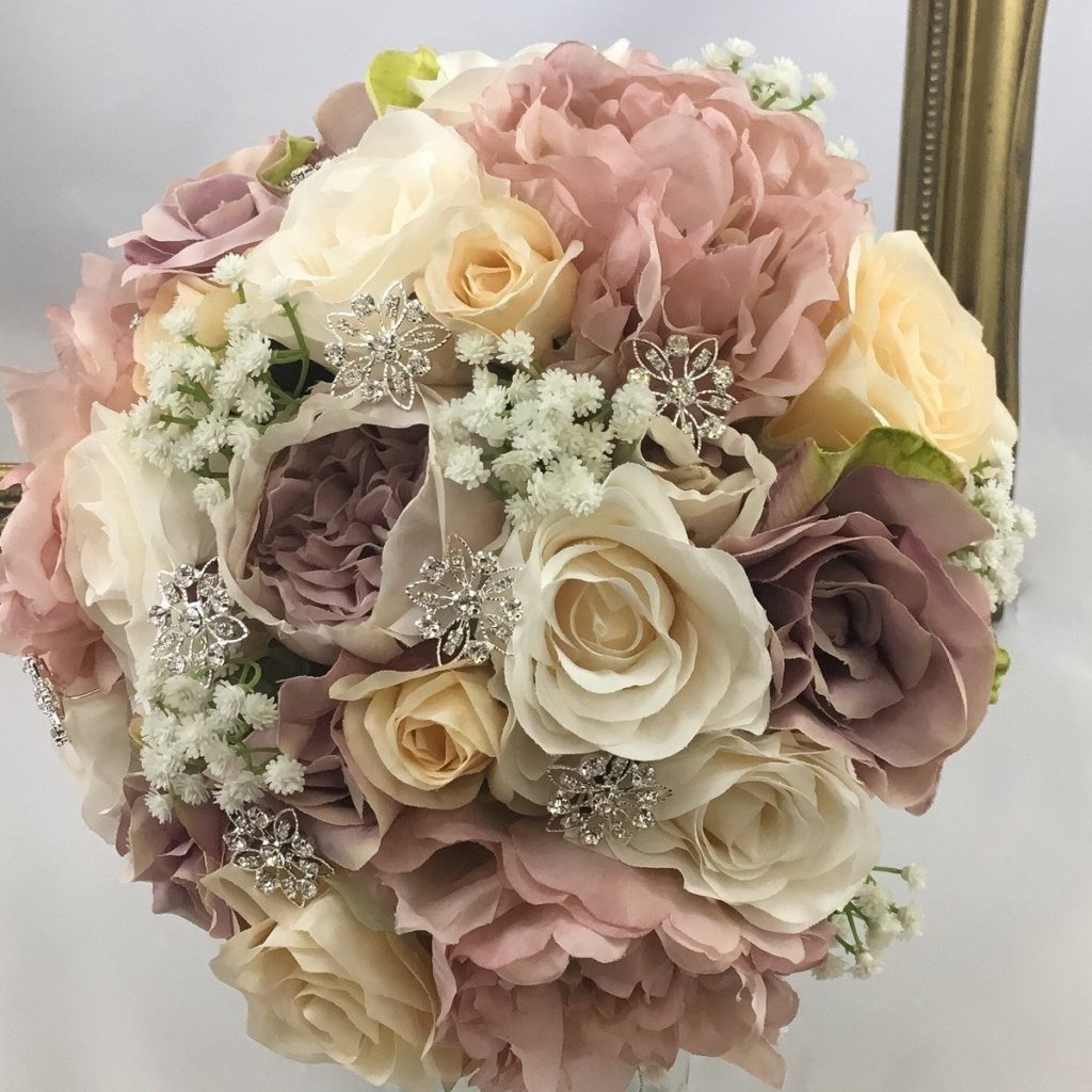 artificial silk flower brides bouquet, hand tied compact posy style. mink ,nude, vanilla, ivory, blush, mauve, available in most colours. inc gypsophila. peony, & roses