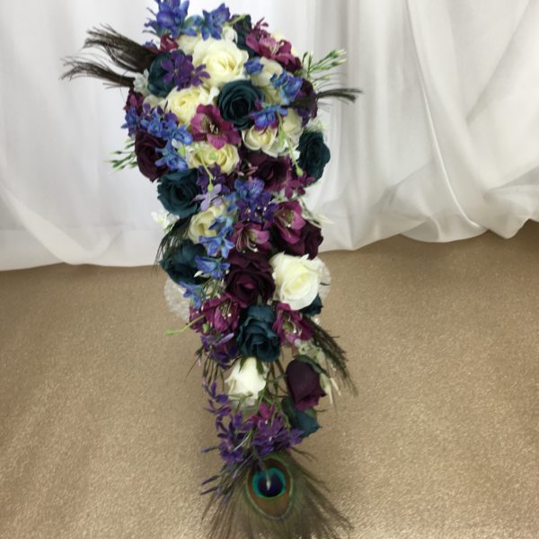 artificial silk flower brides bouquet, teardrop style. purple, blue, ivory, green peacock feathers inc roses, blossom, orchids