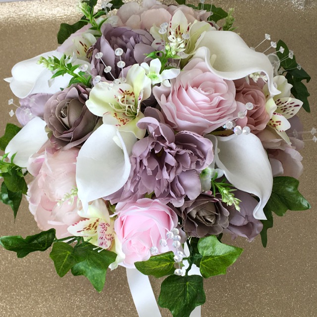 silk artificial flower brides bouquet hand tied posy style inc calla lily, roses, alstromeria, peony, catmint & ivy