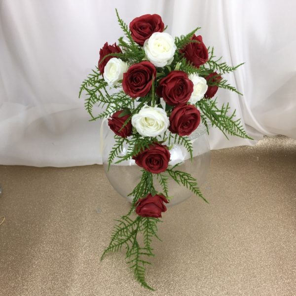 artificial silk flower brides bouquet 1940s style red/ ivory shower bouquet, inc roses & asparagus fern alternative carnation/ freesia