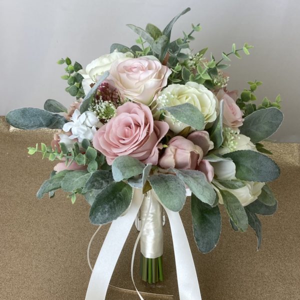 artificial silk flower brides bouquet hand tied posy style. ivory, grey, silver, blush, pink inc roses, berry, stephanotis, queen annes lace lambs ear & eucalyptus
