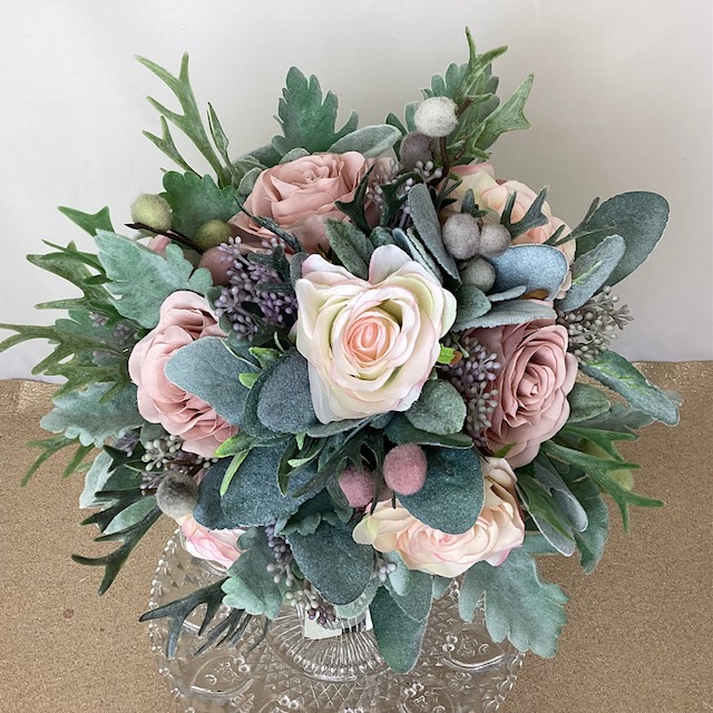 artificial silk flower bridal bouquet. hand tied posy style. pale pink, ivory, lilacs, greys. inc roses, berries, lambs ear, dusty miller reindeer fern,