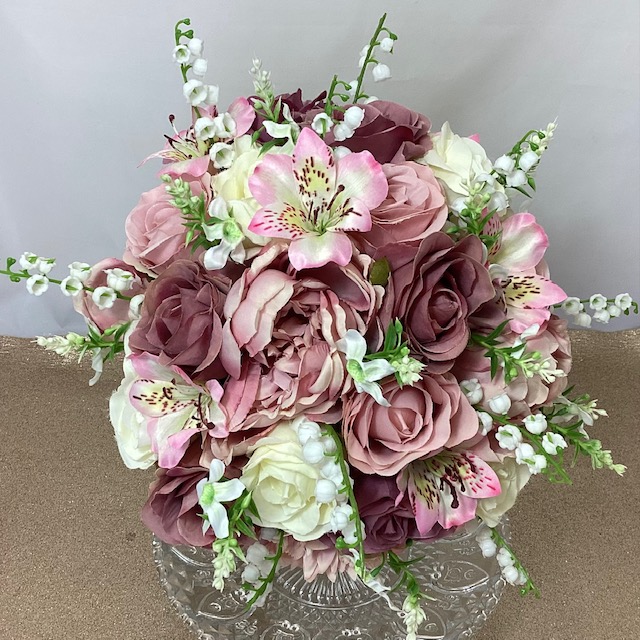 artificial wedding bouquet, handtied posy style. dusky pink, pink, ivory, mink. r5oses, peony, lily of the valley , alstromeria, catmint