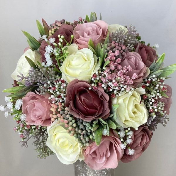 artificial silk flower brides bouquet, hand tied posy style , pink, mauve, ivory, dusky pink available in most colours , inc roses, berry, gypsophila,