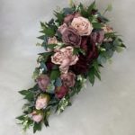 artificial silk flower bridal bouquet, teardrop design burgundy, mink, nude, dusky pink ivory green iinc ruscus, eucalyptus, catmint, roses & peony