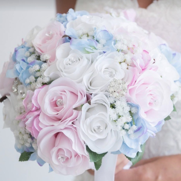 artificial silk flower brides bouquet, posy hand tied style pink, blue, white, ivory, inc roses, gypsophila head to head compact design