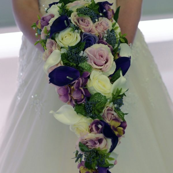 artificial silk flower brides bouquet, shower bouquet natural country style, inc roses calla lily, hydrangea, viburnum & varigated foliage