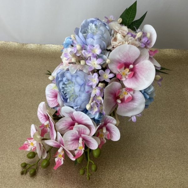 artificial silk flower brides bouquet. teardrop style. blue, pink, lavender, available in most colours. inc peony, orchids, stephanotis, & blossom