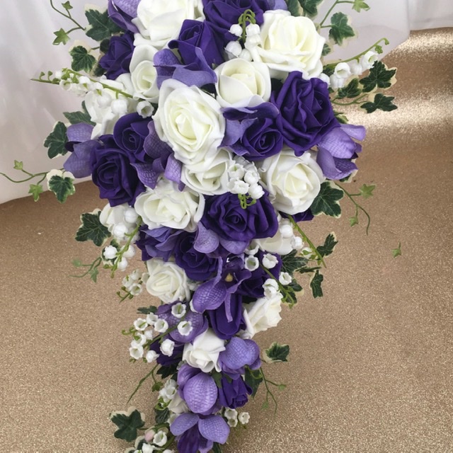 artificial flower bouquet, teardrop shower style, purple, white, ivory inc colourfast roses, dendrobium orchid