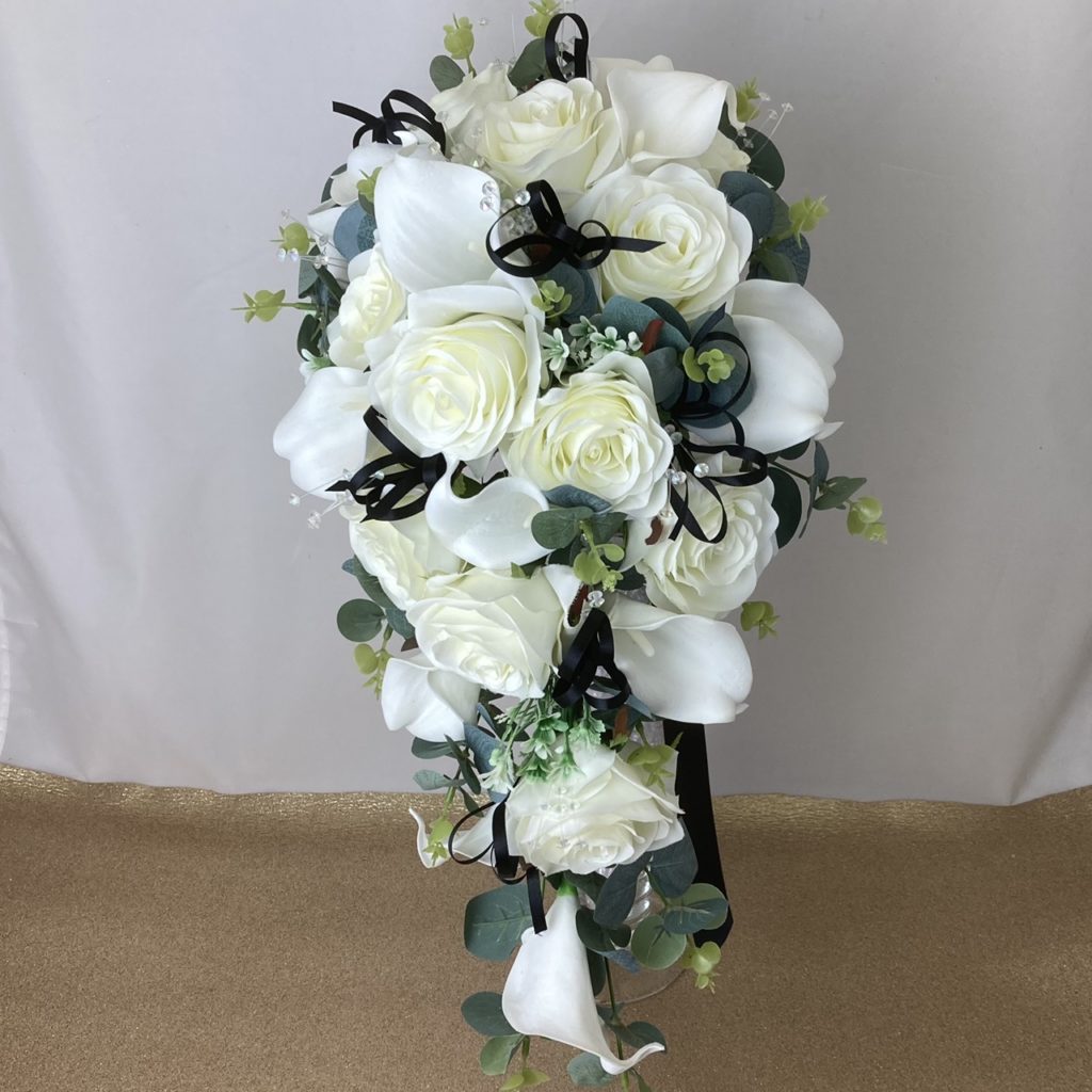 artificial silk & foam bridal teardrop, inc calla lily, roses, eucalyptus and blossom