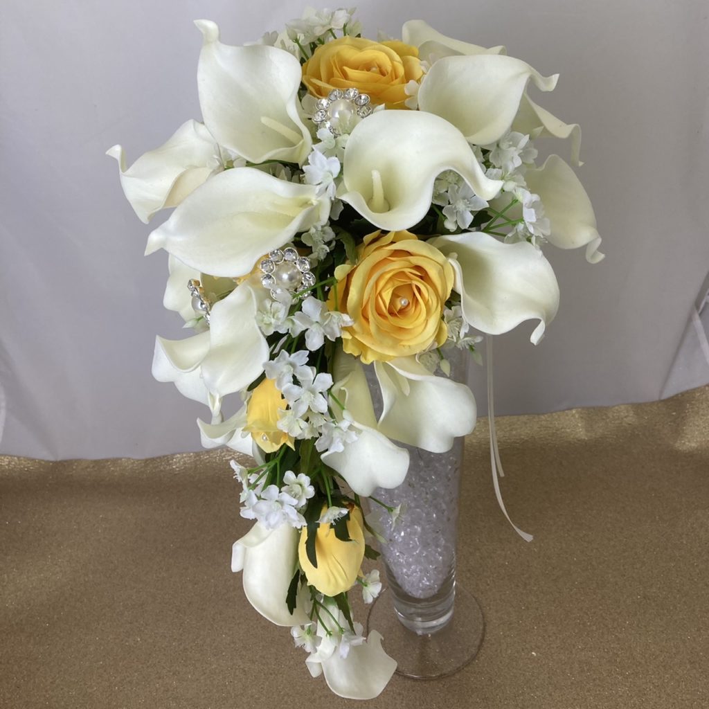 brides teardrop bouquet, artificial flowers calla lilies yellow/ivory roses, blossom