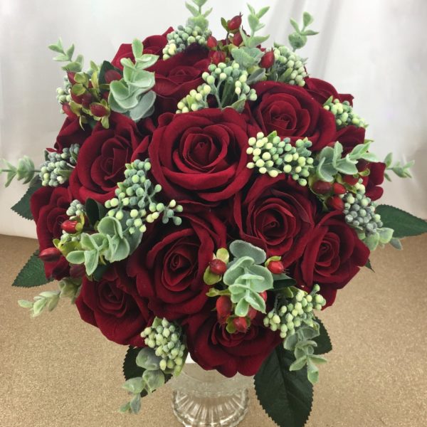 artificial silk velvet brides bouquet. hand tied posy style bouquet., inc roses, eucalyptus, berries & hypericum