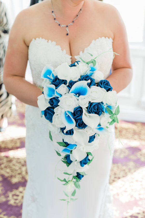 artificial brides bouquet, teardrop shower style. blues, navy, royal blue, ivory, white. inc colourfast roses, calla lily & italian ruscus