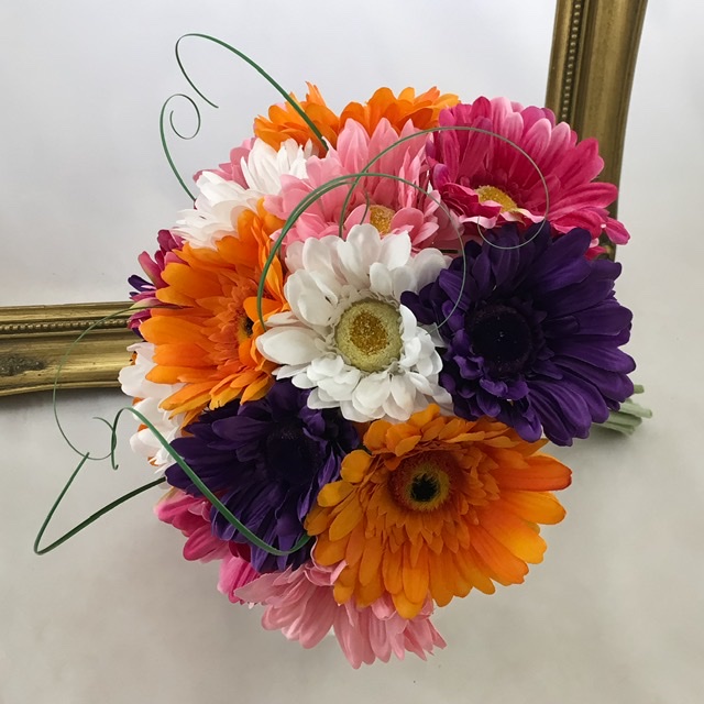 artificial silk flower brides bouquet, hand tied posy. orange, ivory, purple, cerise pink
