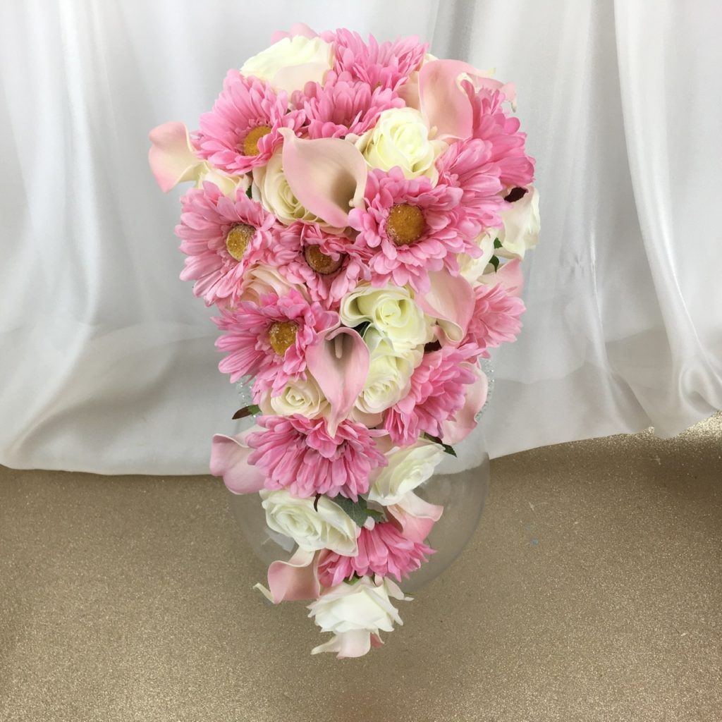 artificial silk flower bridal bouquet ,teardrop design. pink, ivory. available in most colours, inc gerbera, rosse, & calla lily